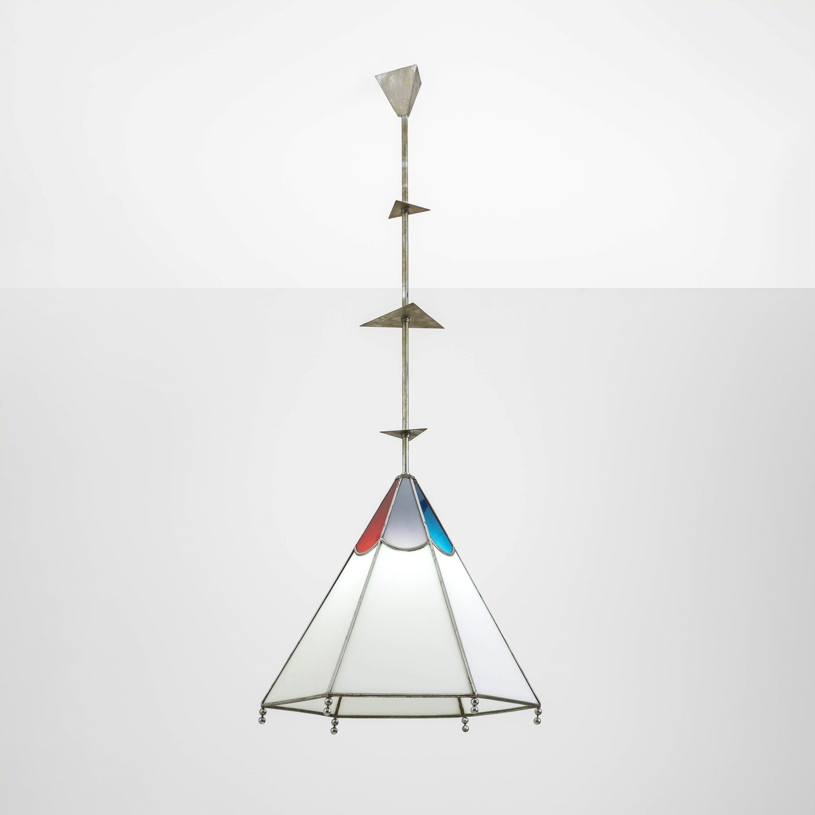 Gerardo Dottori Suspension lamp: Chrome-plated brass structure, opal glass diffuser and colored glass. From the furnishings of Casa Cimino. Italy, c. 1930. Gerardo Dottori designed these furnishings in the early 1930s at the request