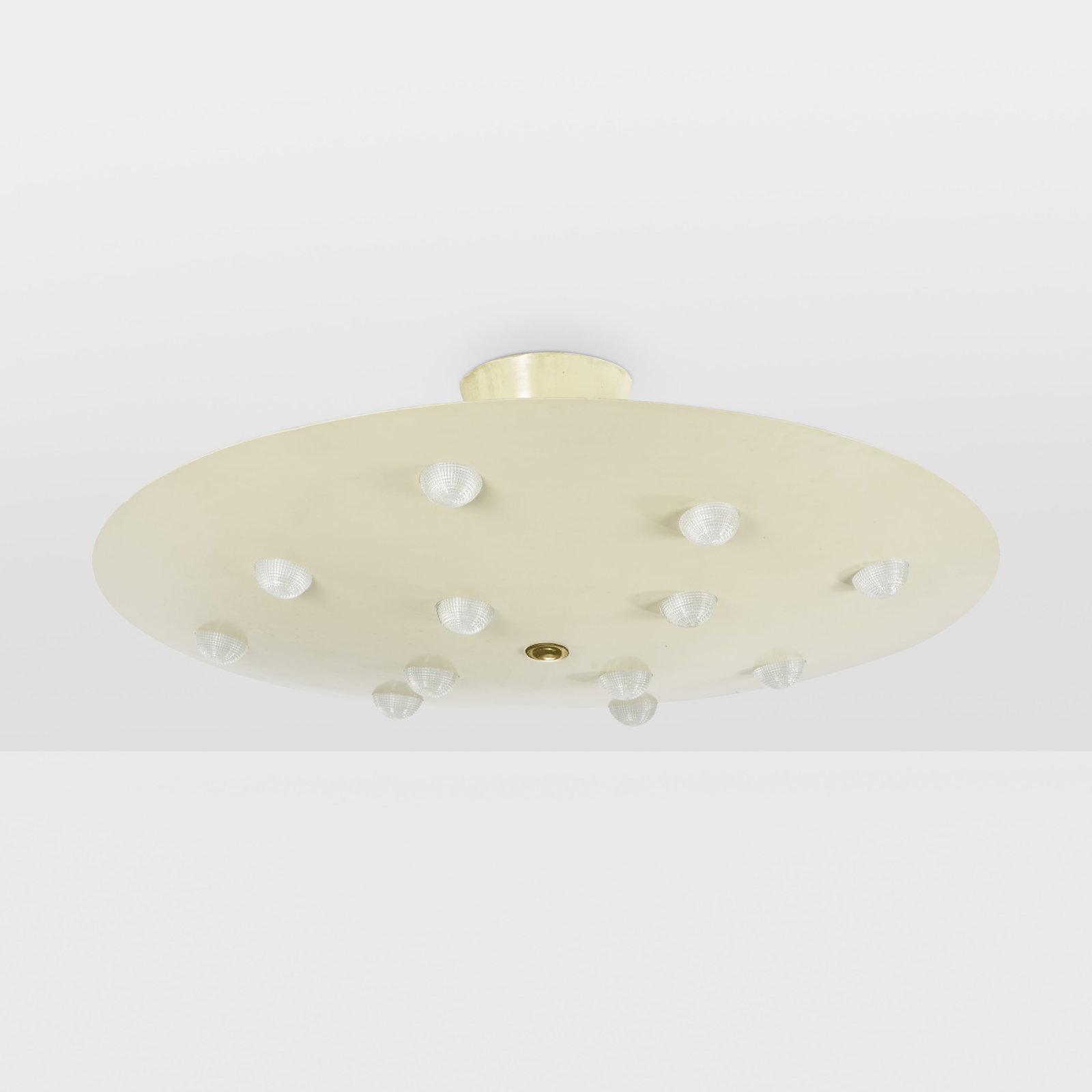 Stilnovo Suspension lamp: Lacquered metal structure. Pressed glass diffusers. Brass details. Stilnovo, Italy, c. 1950.