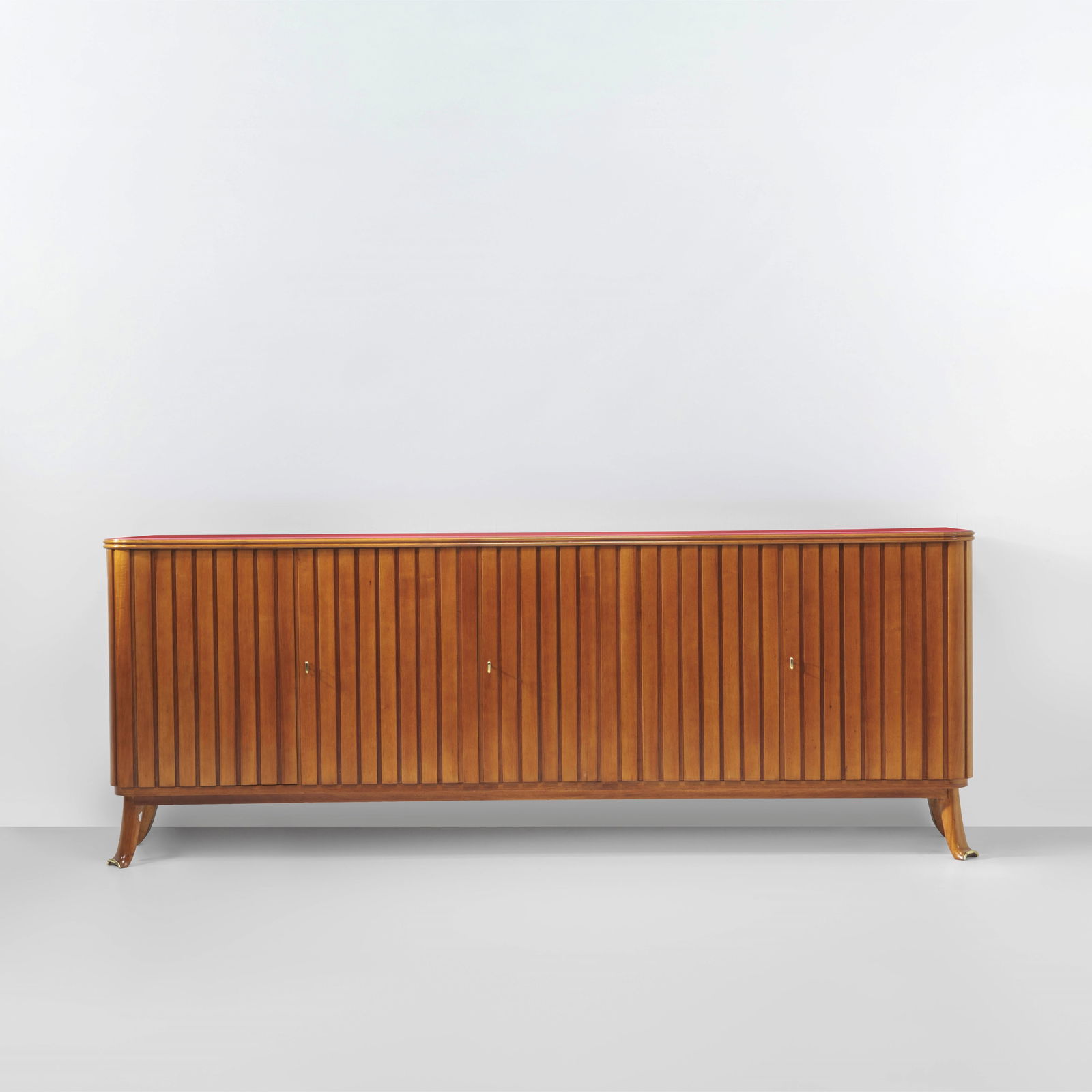 Osvaldo Borsani Storage unit: Wooden structure, wood and colored glass top. Brass details. ABV Arredamenti Borsani Varedo, Italy, circa 1940.