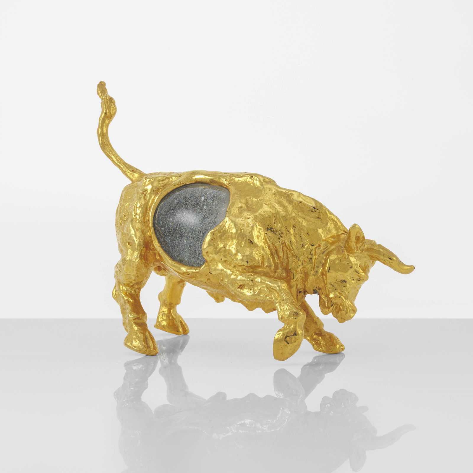 Gabriella Crespi Bull from the series Piccoli Animali.: Lost wax cast bronze sculpture. Egg in Barovier & Toso Murano blown glass. Engraved signature. Private collection. Recorded by Archivio Gabriella Crespi. Crespi, Italy, c. 1970. We are delighted to