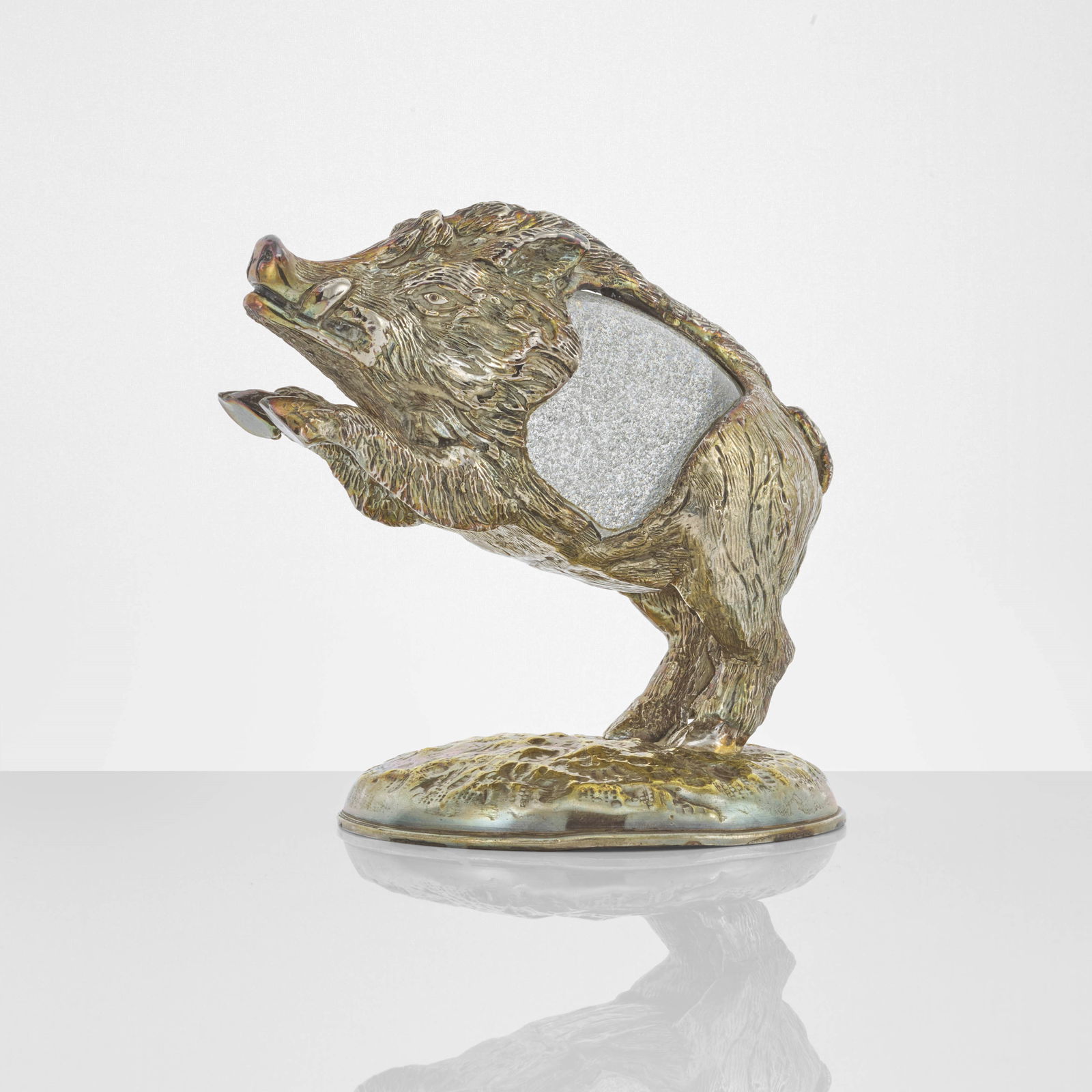 Gabriella Crespi Boar from the series Piccoli Animali.: Lost wax silver-plated bronze sculpture. Egg in Barovier & Toso Murano blown glass. Engraved signature. Private collection. Recorded by Archivio Gabriella Crespi. Crespi, Italy, c. 1970. We are
