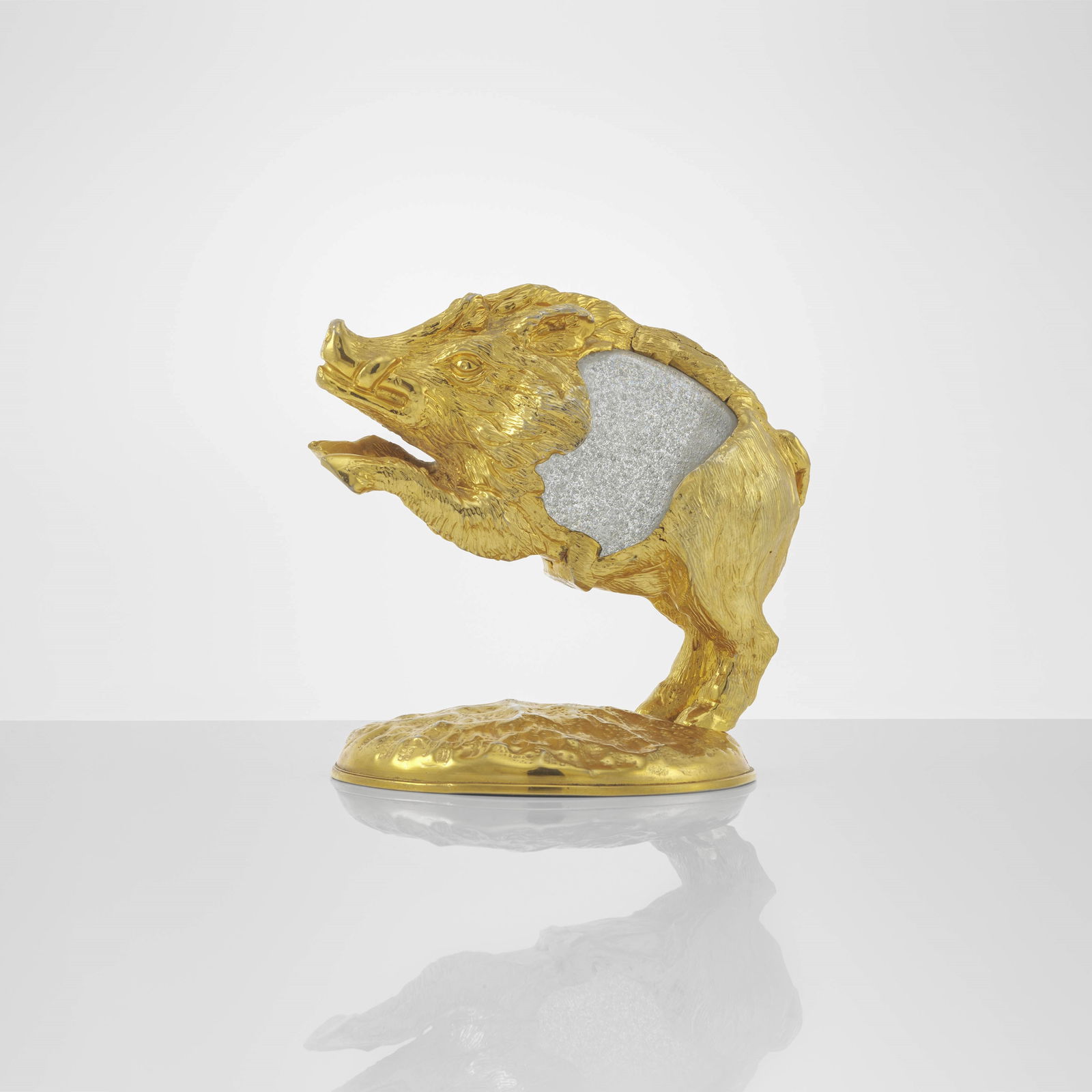 Gabriella Crespi Boar from the series Piccoli Animali.: Lost wax cast bronze sculpture. Egg in Barovier & Toso Murano blown glass. Engraved signature. Private collection. Recorded by Archivio Gabriella Crespi. Crespi, Italy, c. 1970. We are delighted to