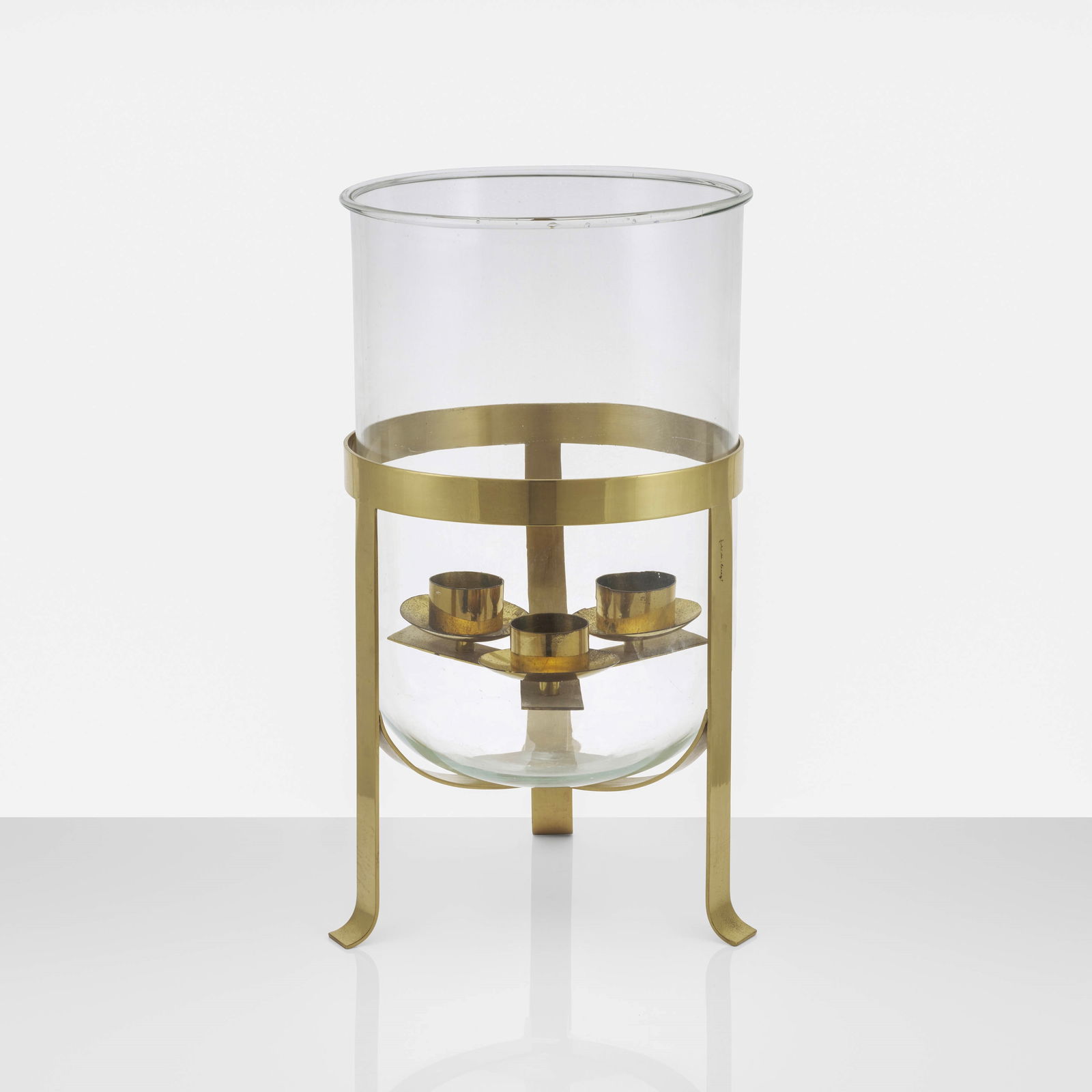 Gabriella Crespi A candlestick mod. Photophore.: Brass structure and Murano glass by Barovier & Toso. Engraved signature. Private collection. Recorded by Archivio Gabriella Crespi. Crespi, Italy, 1973. We are delighted to present an important