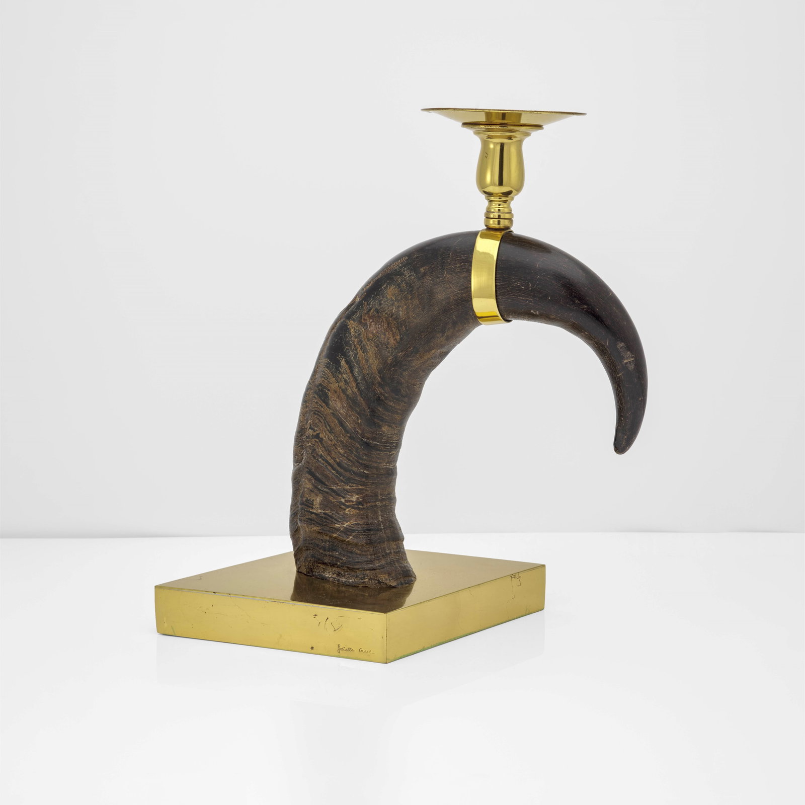 Gabriella Crespi Candle holder: Brass and horn structure. Engraved signature. Private collection. Recorded by Archivio Gabriella Crespi. Crespi, Italy, circa 1970 We are delighted to present an important collection from a single pro