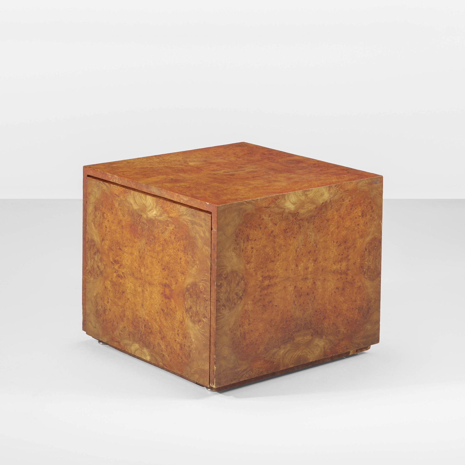 Gabriella Crespi Cubo Tris low table from the Plurimi series.: Wooden structure with burl wood veneer. Removable elements with storage compartment. Metal details. Private collection. Recorded by Archivio Gabriella Crespi. Prod. Crespi, Italy, 1970 ca. We are deli