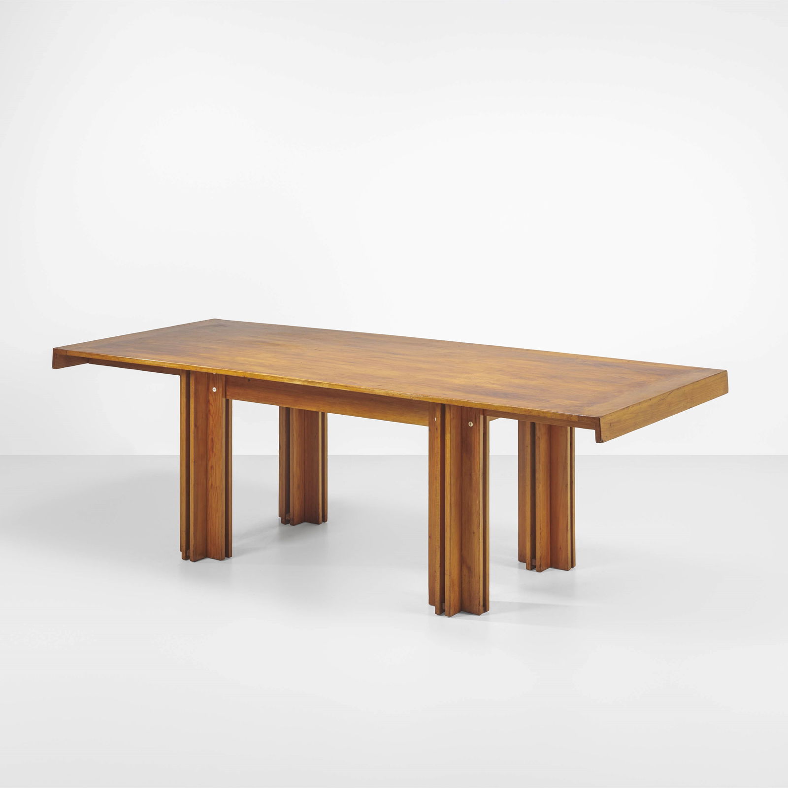 Carlo Scarpa Table mod. Quatour: Wooden structure and veneered wood top. Original design by Carlo Scarpa from 1947. Gavina, Italy, 1974. Production catalogue.