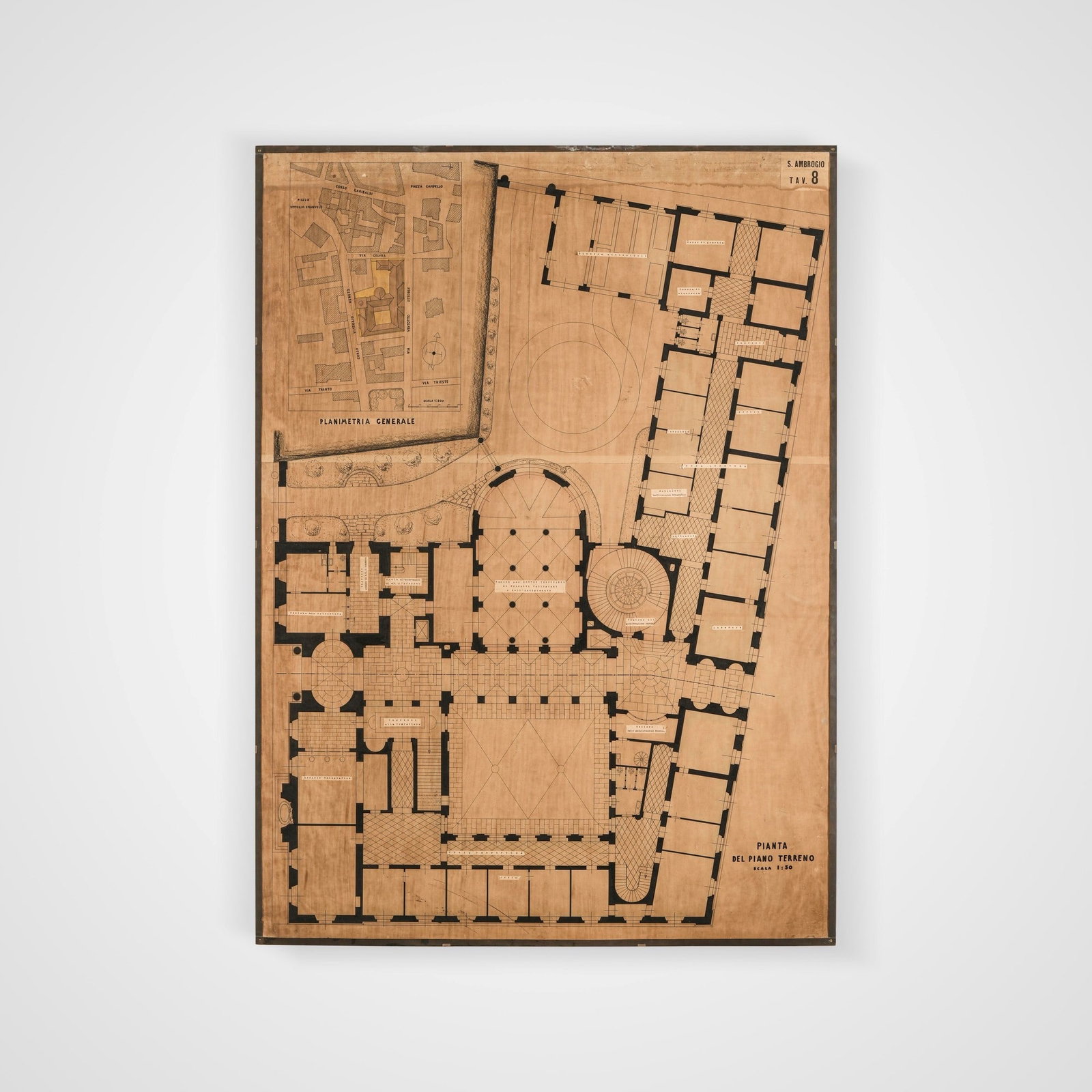 Giovanni Muzio Palazzo del Governo, Sondrio: Pianta piano terra. Carta riportata su compensato e collage. Datato 1931. Provenienza : donazione dell'architetto Giovanni Muzio all'attuale proprietario. G. Gambirasio e B. Minardi (a cura di), Giova