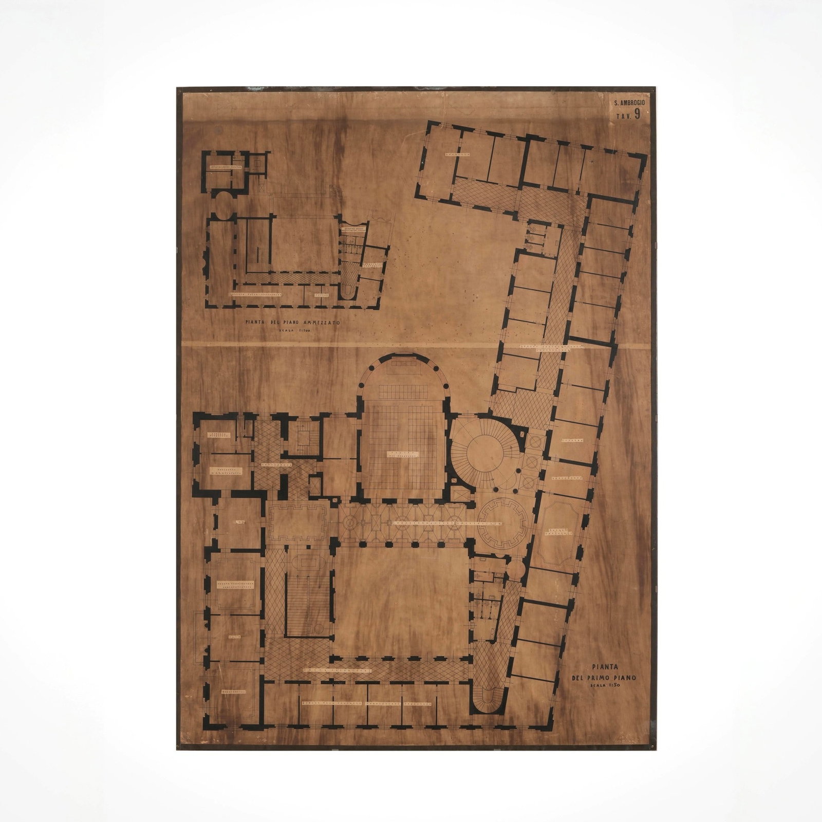 Giovanni Muzio Palazzo del Governo, Sondrio: Pianta piano terra. Carta riportata su compensato e collage. Datato 1931. Provenienza : donazione dell'architetto Giovanni Muzio all'attuale proprietario. G. Gambirasio e B. Minardi (a cura di), Giova