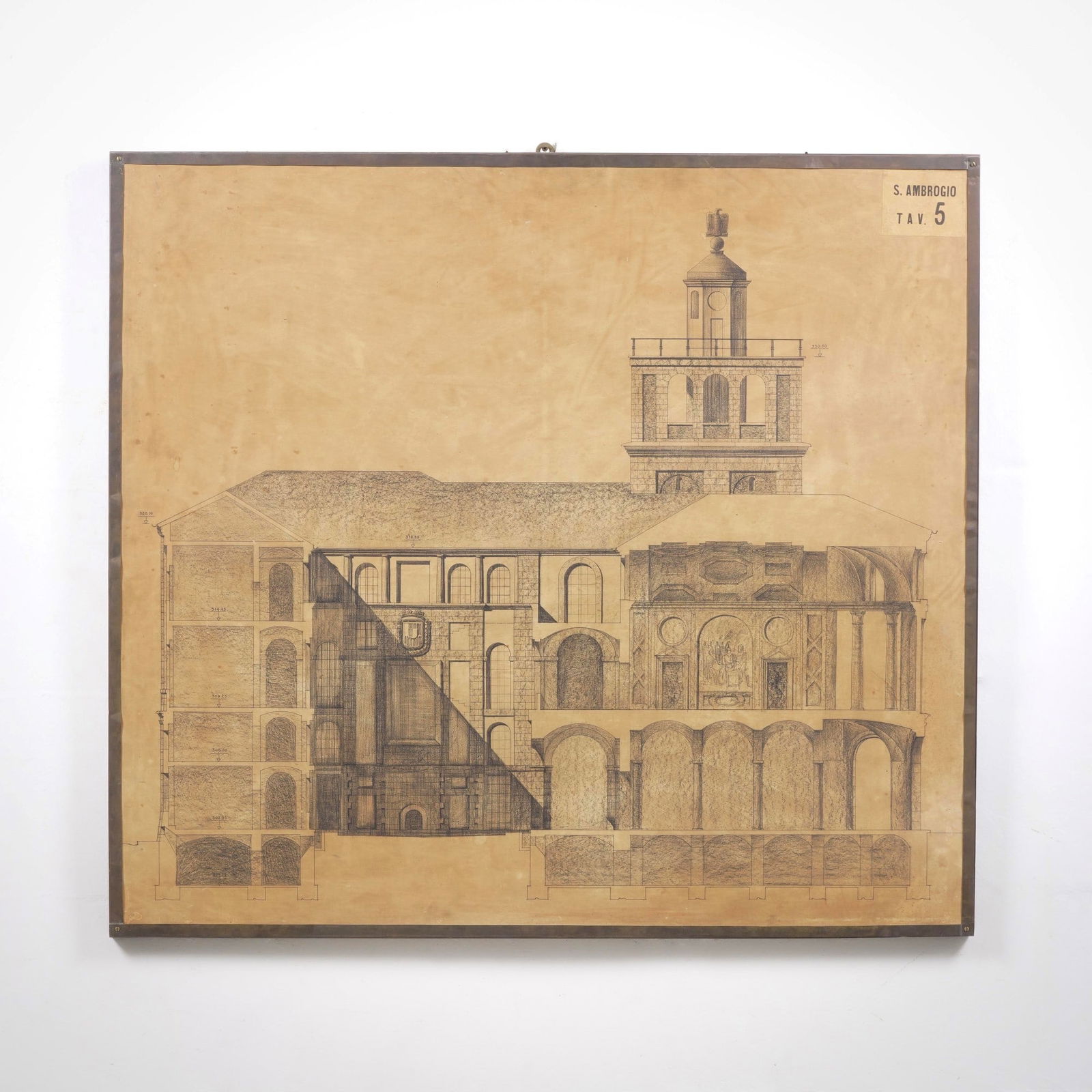 Giovanni Muzio Palazzo del Governo, Sondrio: Sezione trasversale, corte interna. Carta riportata su compensato. Datato 1931. Etichetta al retro. Provenienza : donazione dell'architetto Giovanni Muzio all'attuale proprietario. G. Gambirasio e B.