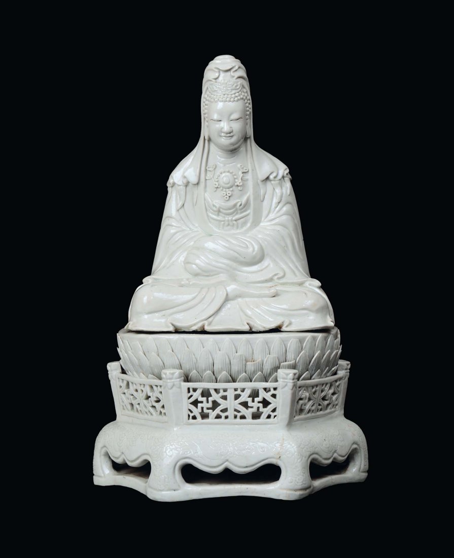A rare white azure porcelain Guanyin sitting on a lotus