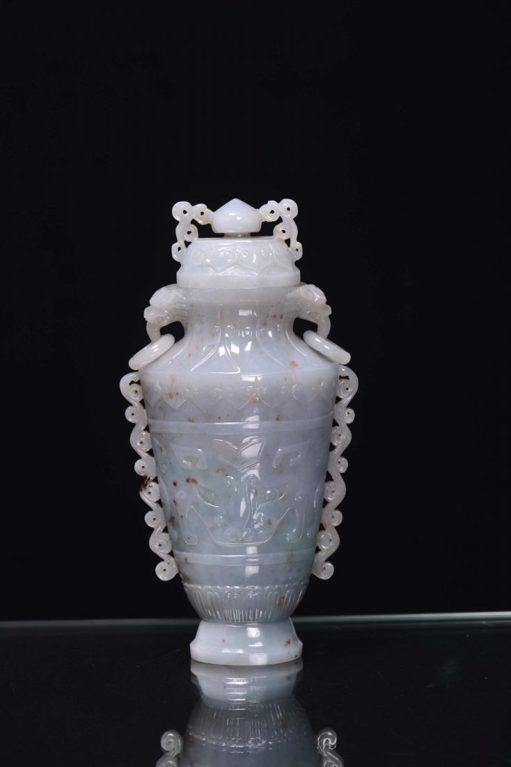 A Celadon green jade capped vase, Mogul taste with arch - 3