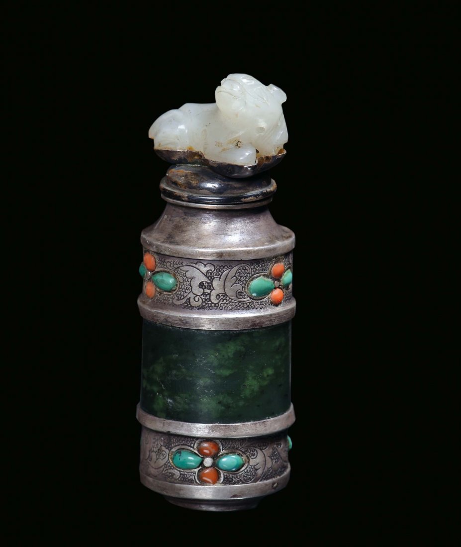 A silver and spinach green jade with gems, white jade c
