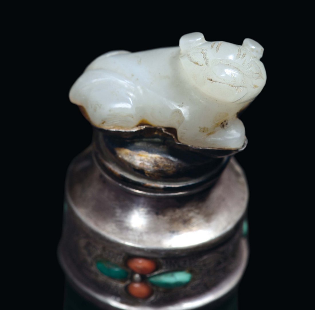 A silver and spinach green jade with gems, white jade c - 2