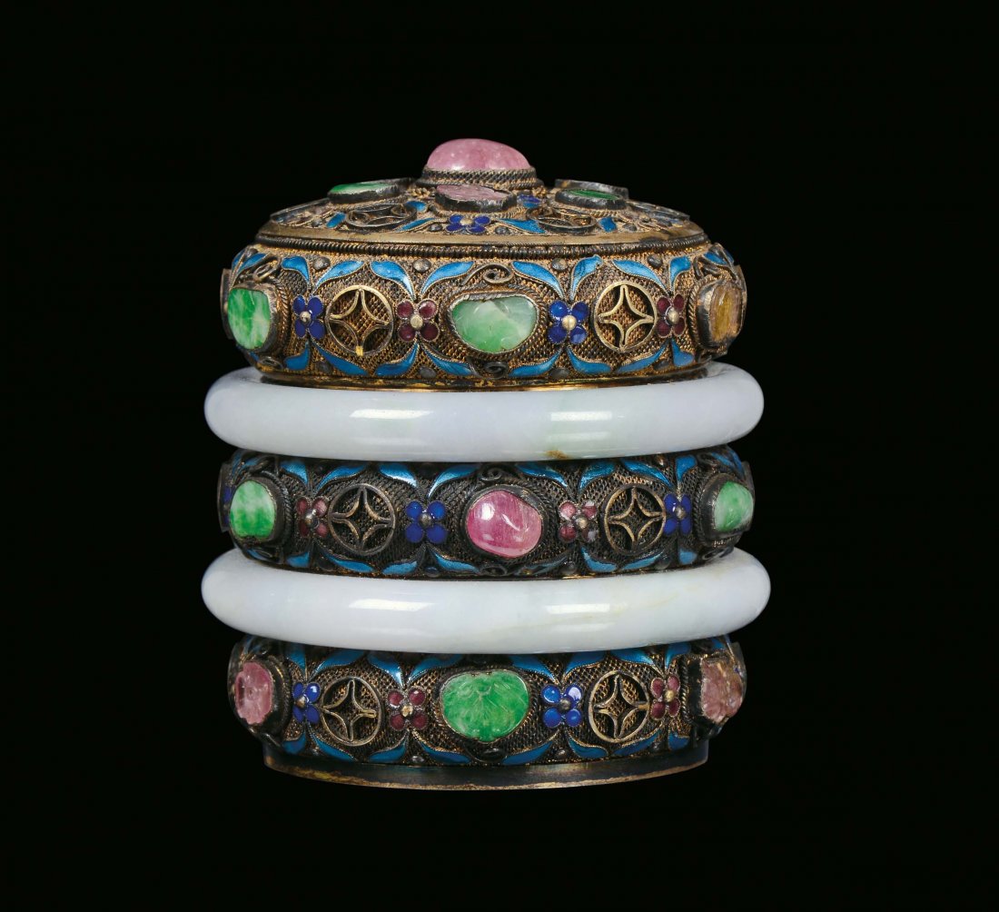 A silver, enamel and gems small box and white jade ring