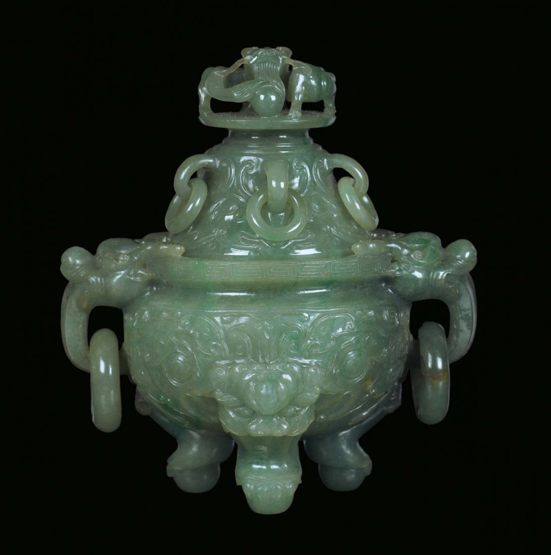 An important green jadeite censer finely carved, China,