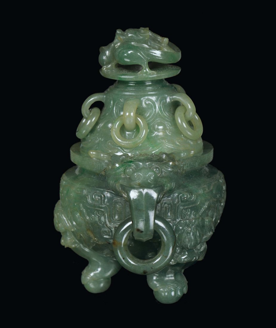 An important green jadeite censer finely carved, China, - 2