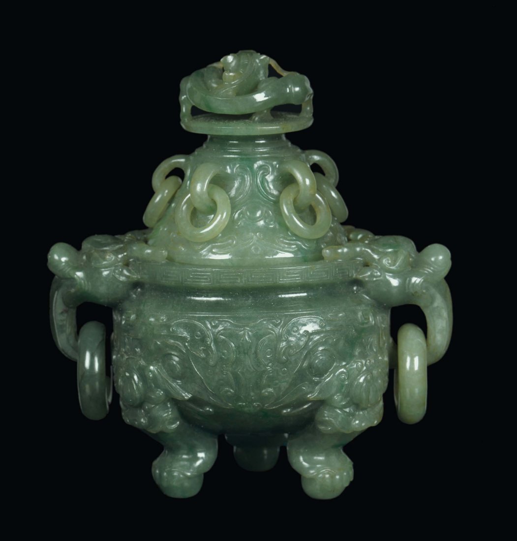 An important green jadeite censer finely carved, China, - 3