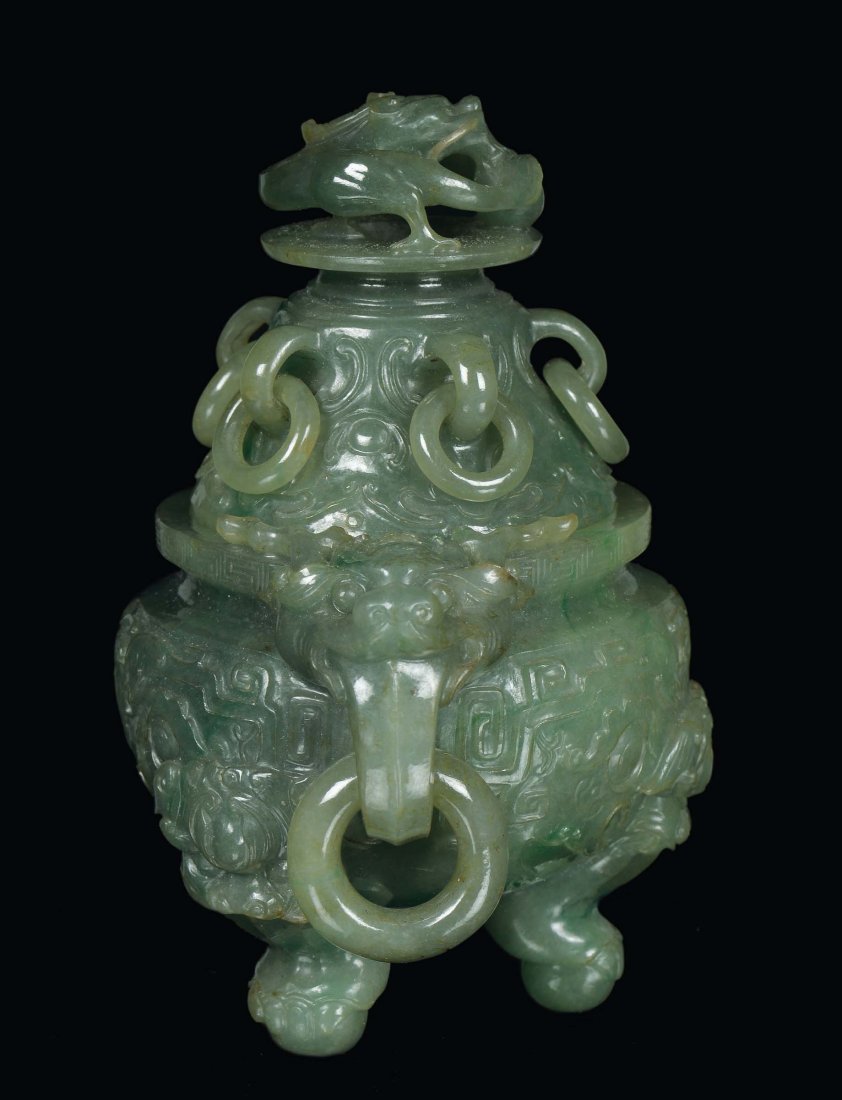 An important green jadeite censer finely carved, China, - 4
