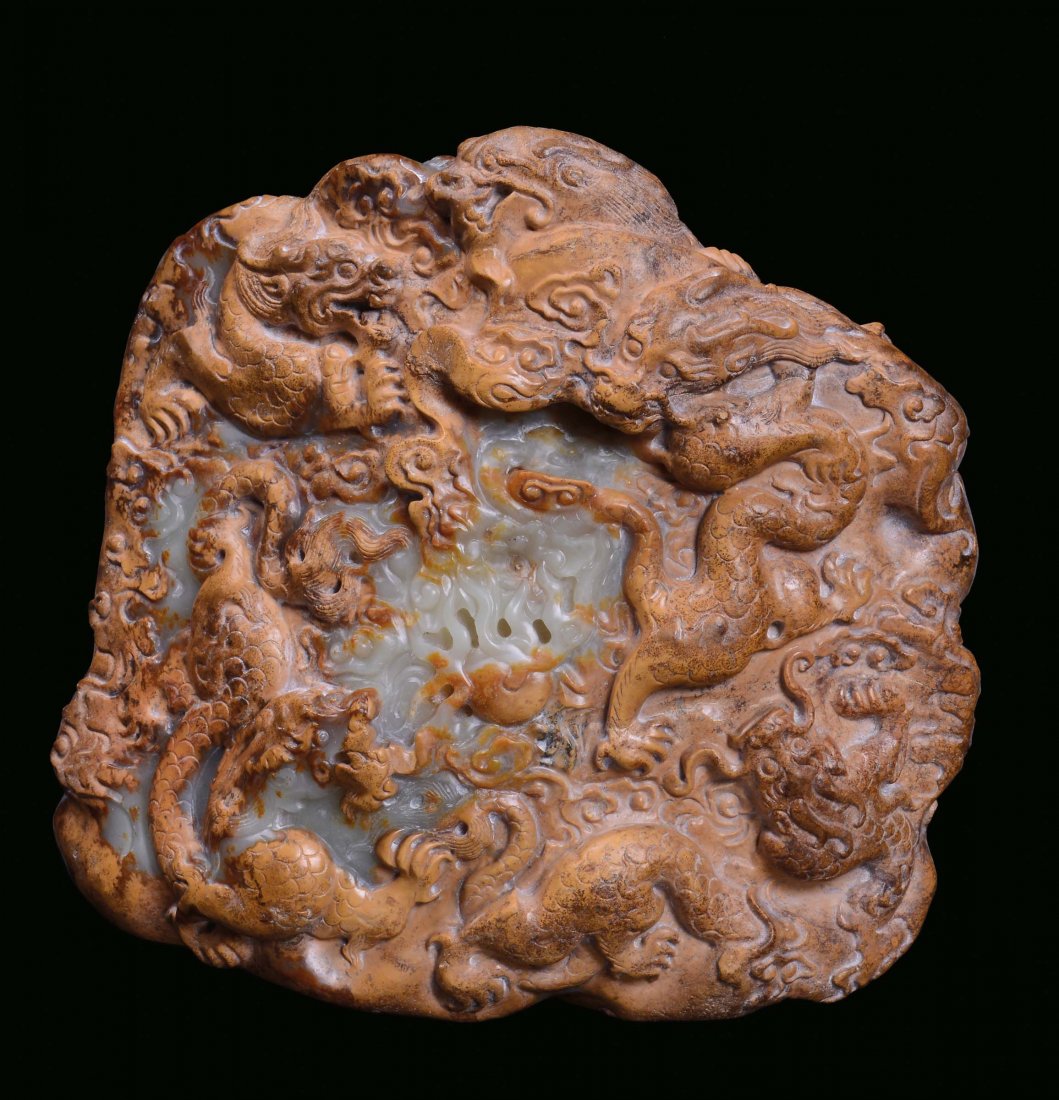 A rare yellow jade mountain with natural surface sculpt