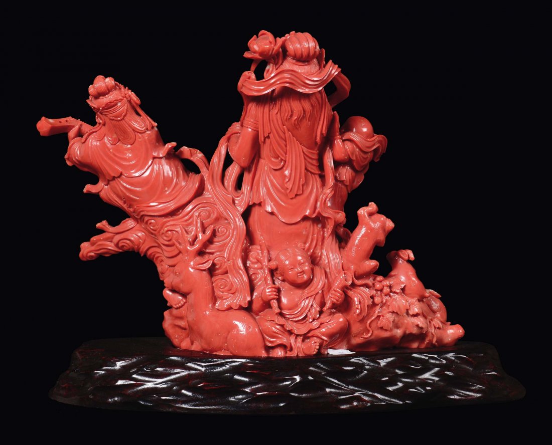 A red coral group with violinist, people and animals, C - 5