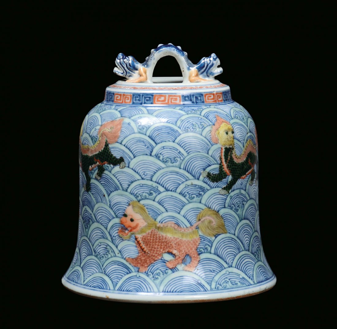 A porcelain bell decorated with five colours with Pho d