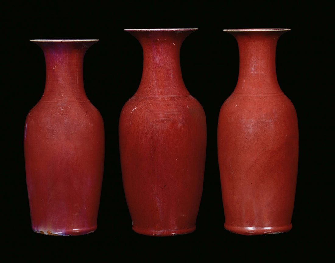 Three oxblood red ceramic vases, China, Qing Dynasty, 1