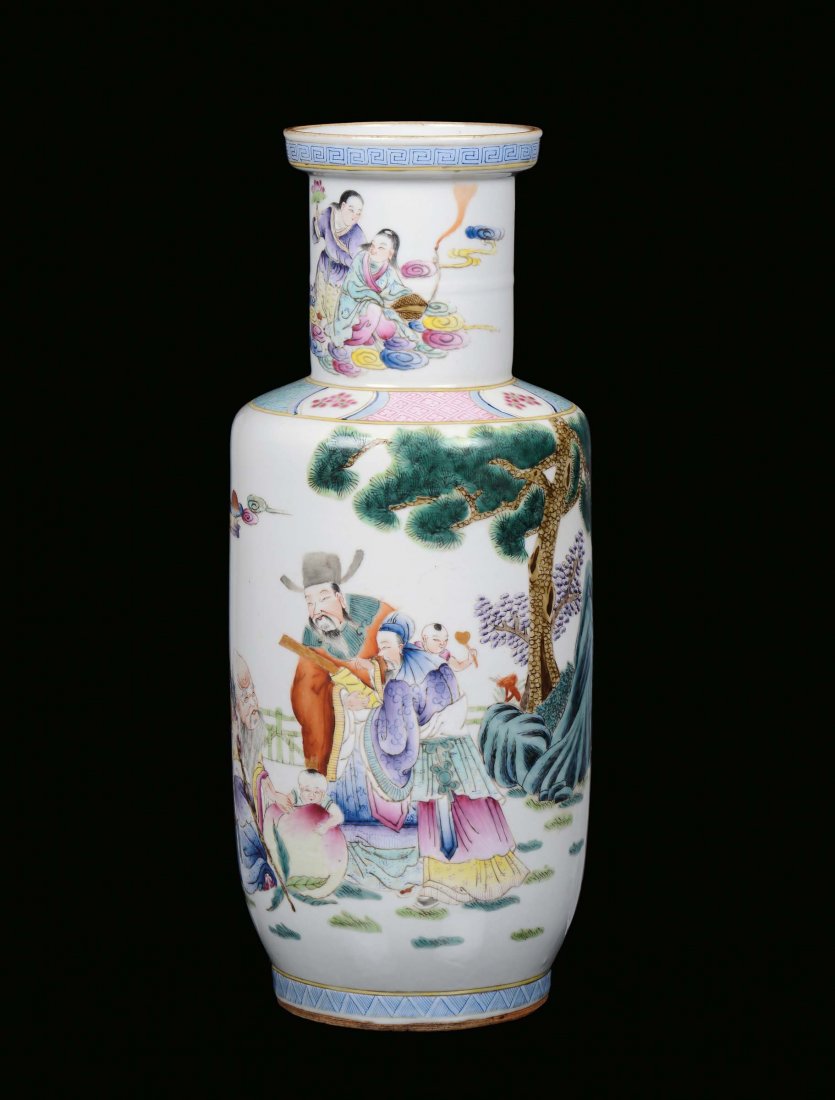 A polychrome porcelain rouleau vase decorated with figu