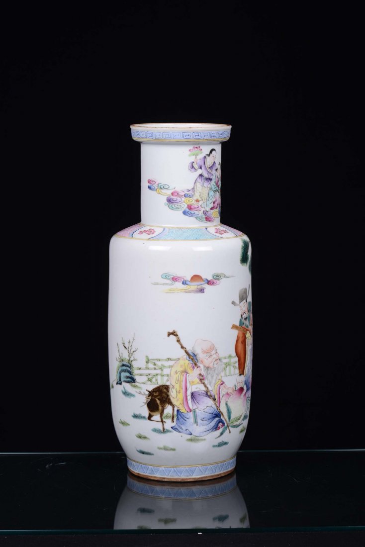 A polychrome porcelain rouleau vase decorated with figu - 2