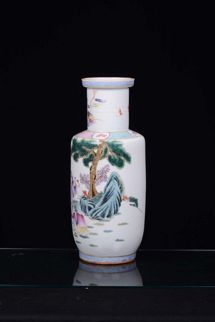 A polychrome porcelain rouleau vase decorated with figu - 4