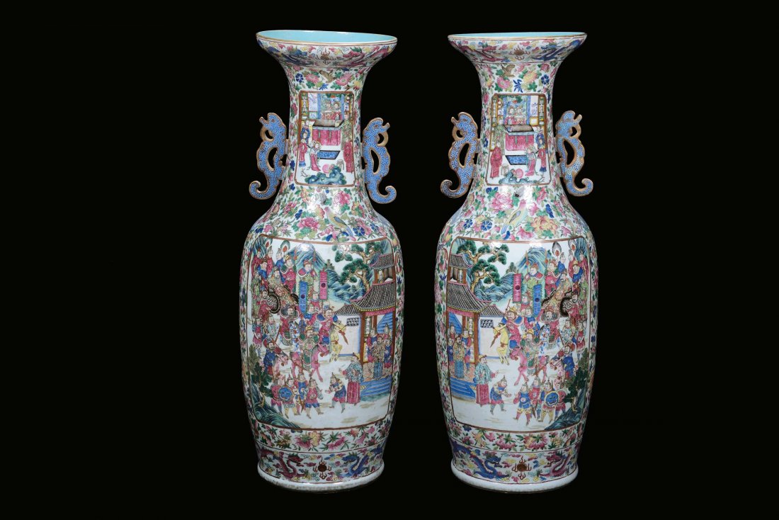 A pair of large Famille Rose porcelain vases, China, Qi