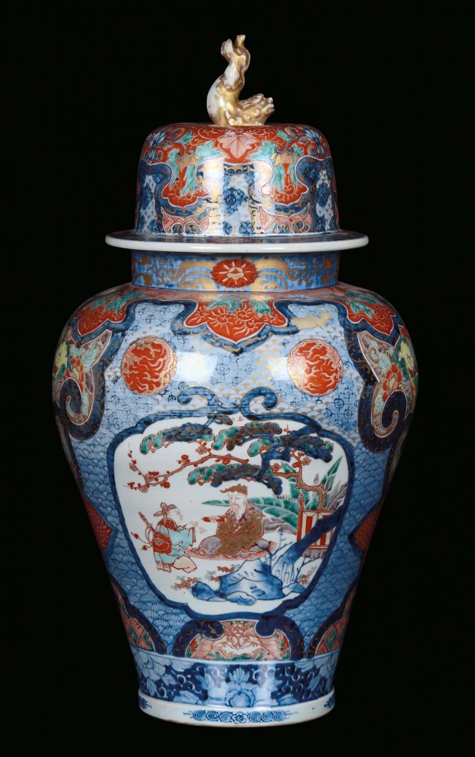 A ceramic Potiche decorated with people and dragons, Ja