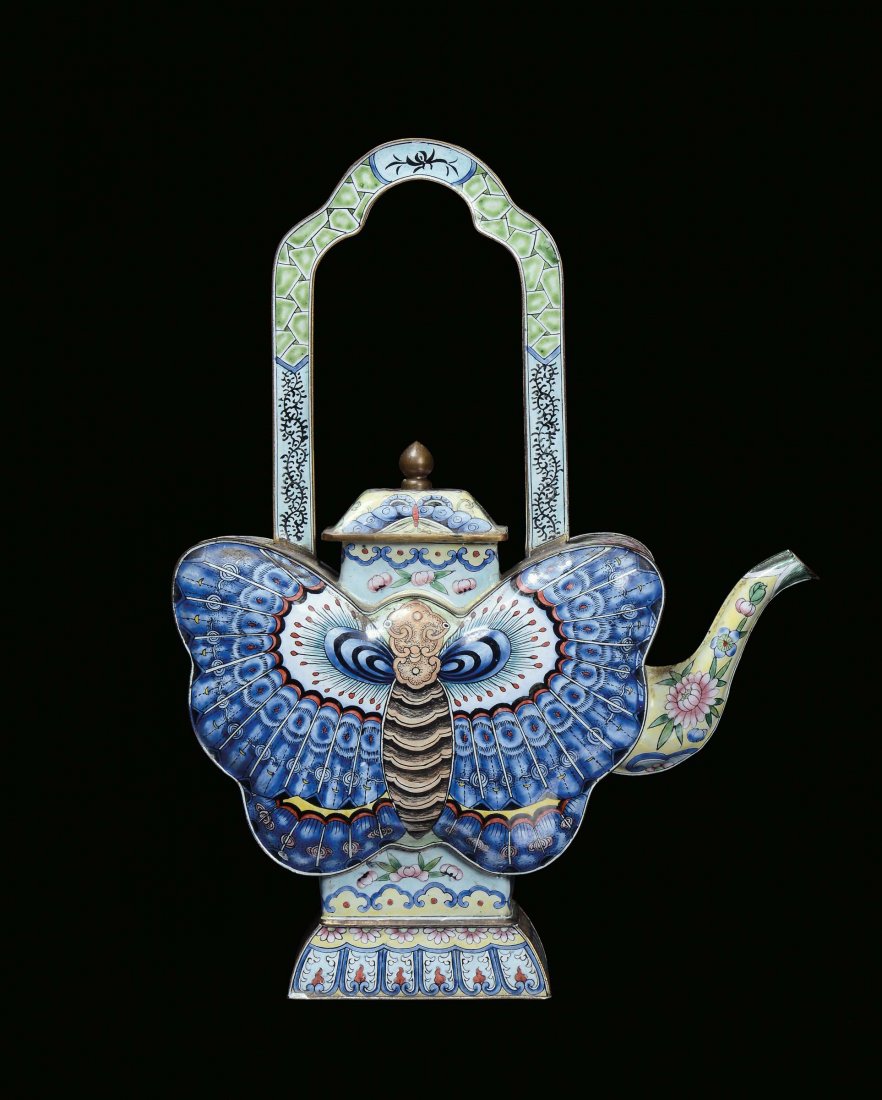 A Canton enamelled metal teapot in the shape of a butte