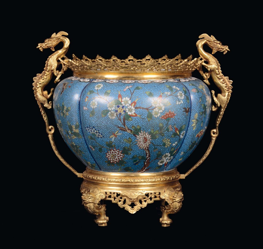 A cloisonnÃ© cachepot with gilt bronze mounting, China,