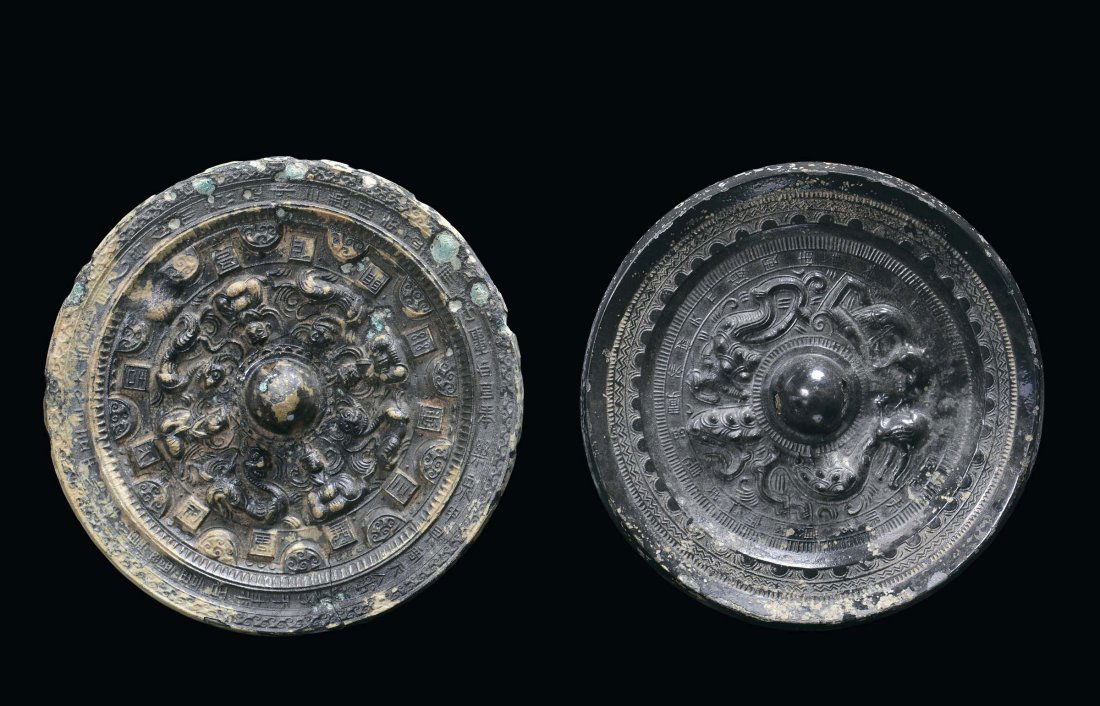 Two silver-plated bronze mirrors, China, Han Period (20: diam. cm 11,5 e cm 12