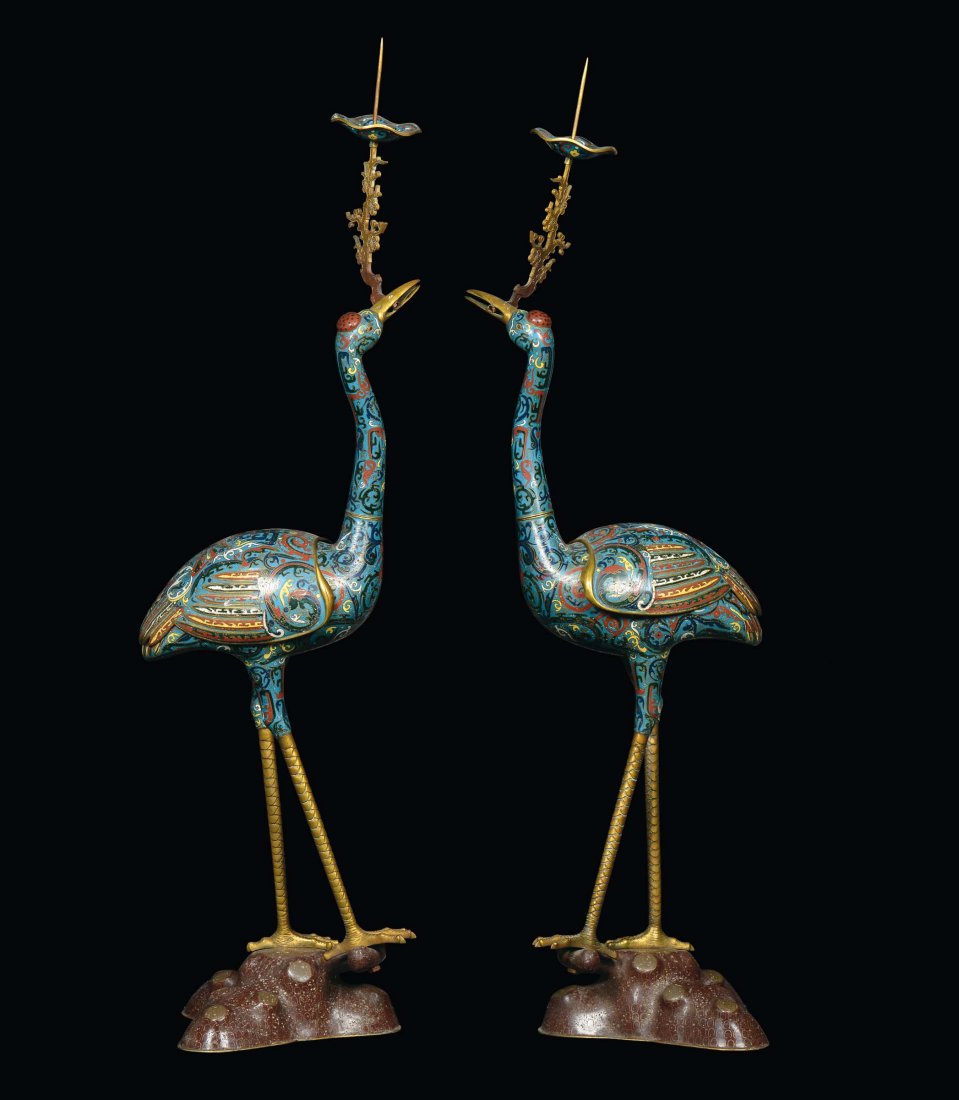 A pair of large metal and cloisonnÃ© enamels storks, Ch