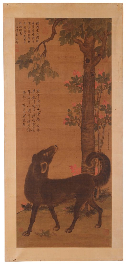 A painting representing a dog with landscape, China, Qi: acquarello e tempera su carta telata, cm 136x64