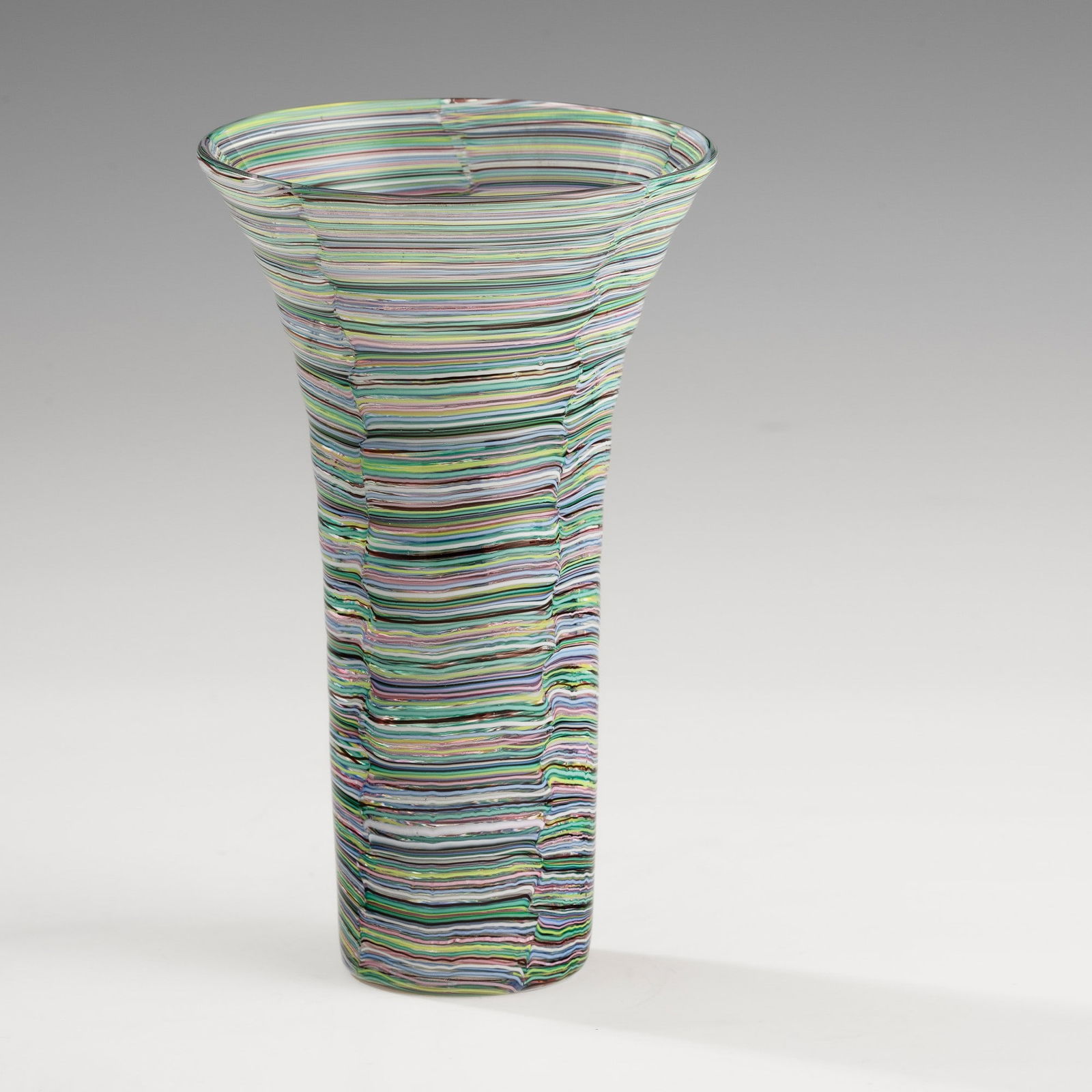 Paolo Venini 1895-1959 Venini, Murano 1954 ca.: Extraordinary Mosaico Multicolore series cylindrical vase with wide flared neck in blown glass with decoration of tesserae from tiny submerged polychrome canes. Acid-etched signature “Venini Murano