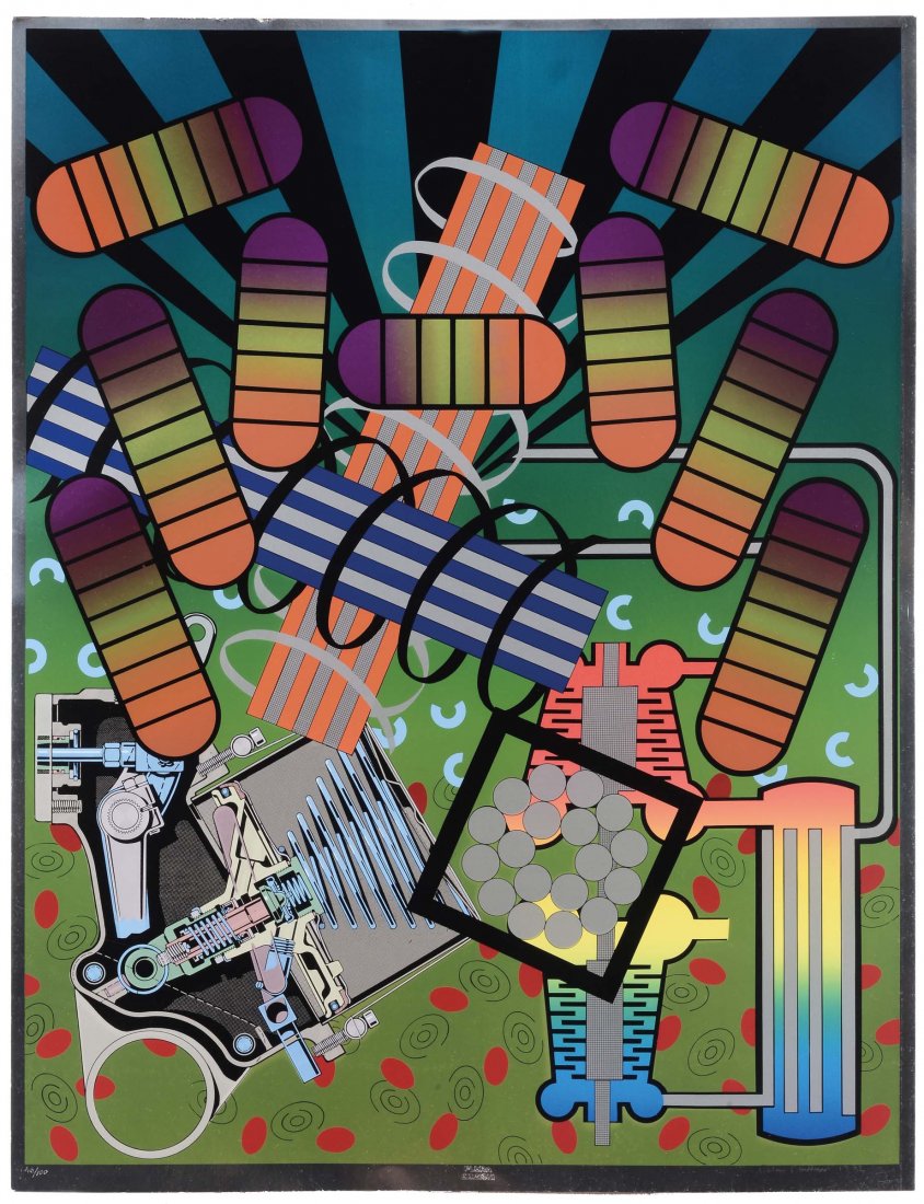 Peter Phillips (1939-) Senza titolo, 1972: serigrafia litografia e collage su carta alluminio, cm 87x67, Plura Edizioni, nÂ° 50/100