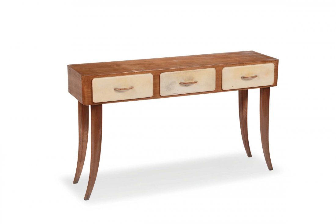 Paolo Buffa: Consolle in mogano e cassetti rivestiti in pergamena, sgabello in mogano con seduta rivestita in stoffa e sedia in mogano rivestita in tessuto. Prod. Italia, 1940 ca. cm 74x110x30