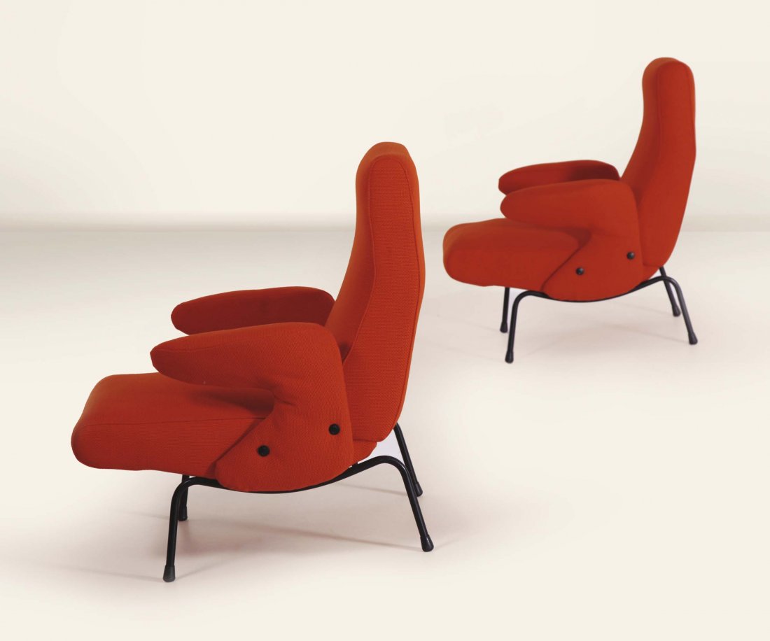 Erberto Carboni: Coppia di poltrone Delfino in metallo verniciato e rivestimento in tessuto. Prod. Arflex, Italia, 1954 cm 84x71x71 "Bibliografia G. Gramigna, Design Italiano 1950-2000, p.35, Allemandi, vol. I"