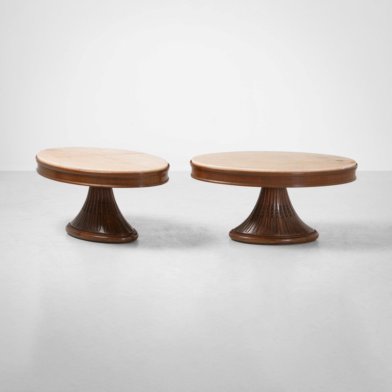 Dassi Due tavoli bassi: Struttura in legno impiallacciato e piano in marmo. Prod. Dassi, Italia, 1940 ca. . Measuers: cm 111X73X54