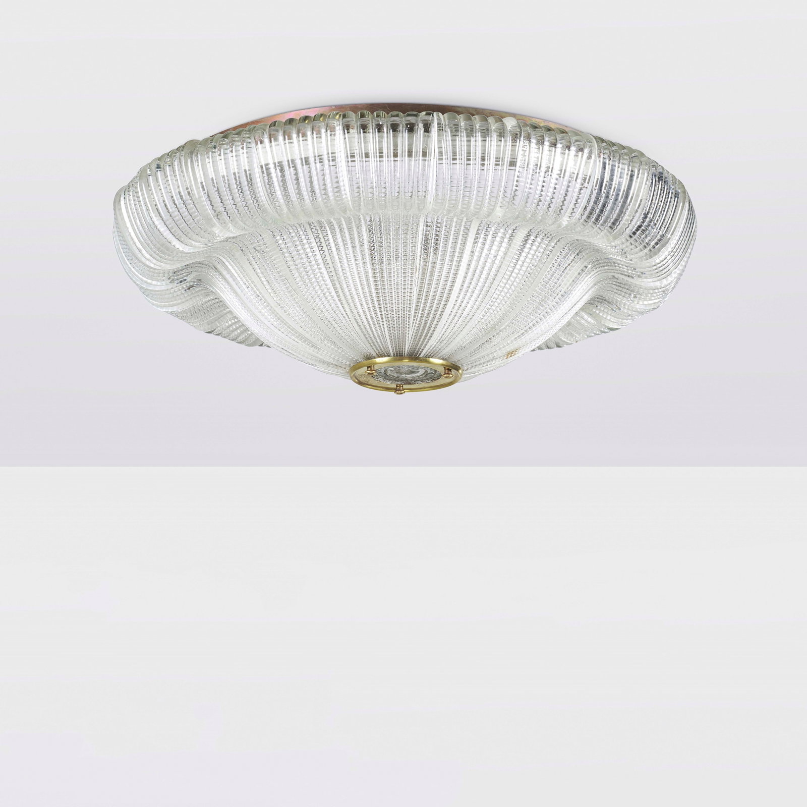 Carlo Scarpa Ceiling lamp: Metal and brass structure diffuser elements in Cordonato and Inciso Murano glass. Venini, Italy, c. 1930. (similar model) Catalogo blu, scheda 167. . Measuers: W. 70 - H. 25 Cm