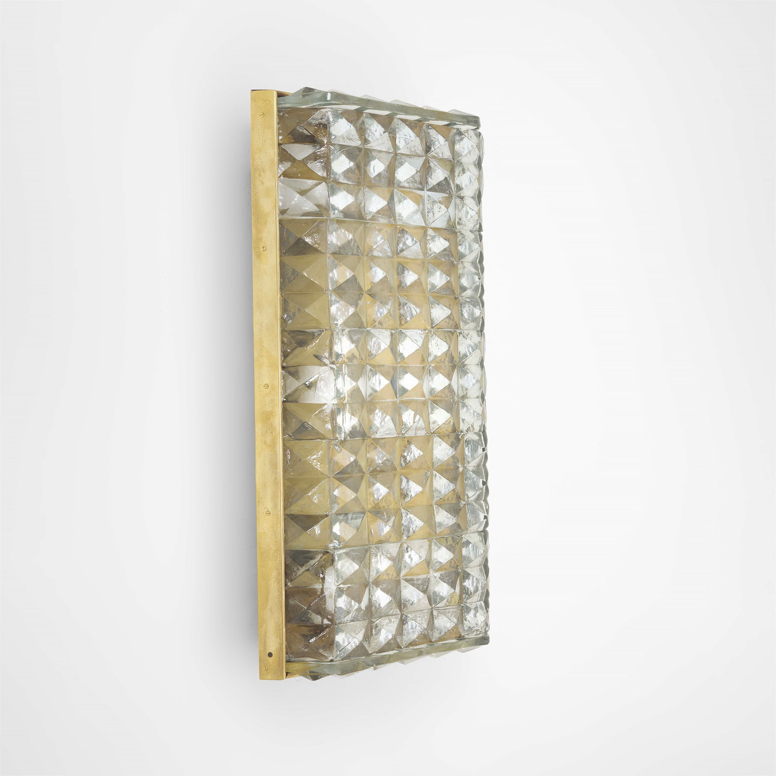 Carlo Scarpa Rare wall lamp from the Bugnati series.: Brass and molted glass structure. Venini, Italy, c. 1930. (elements from the same series) Catalogo blu, scheda I . Measuers: W. 71 - D. 40 - H. 16 Cm