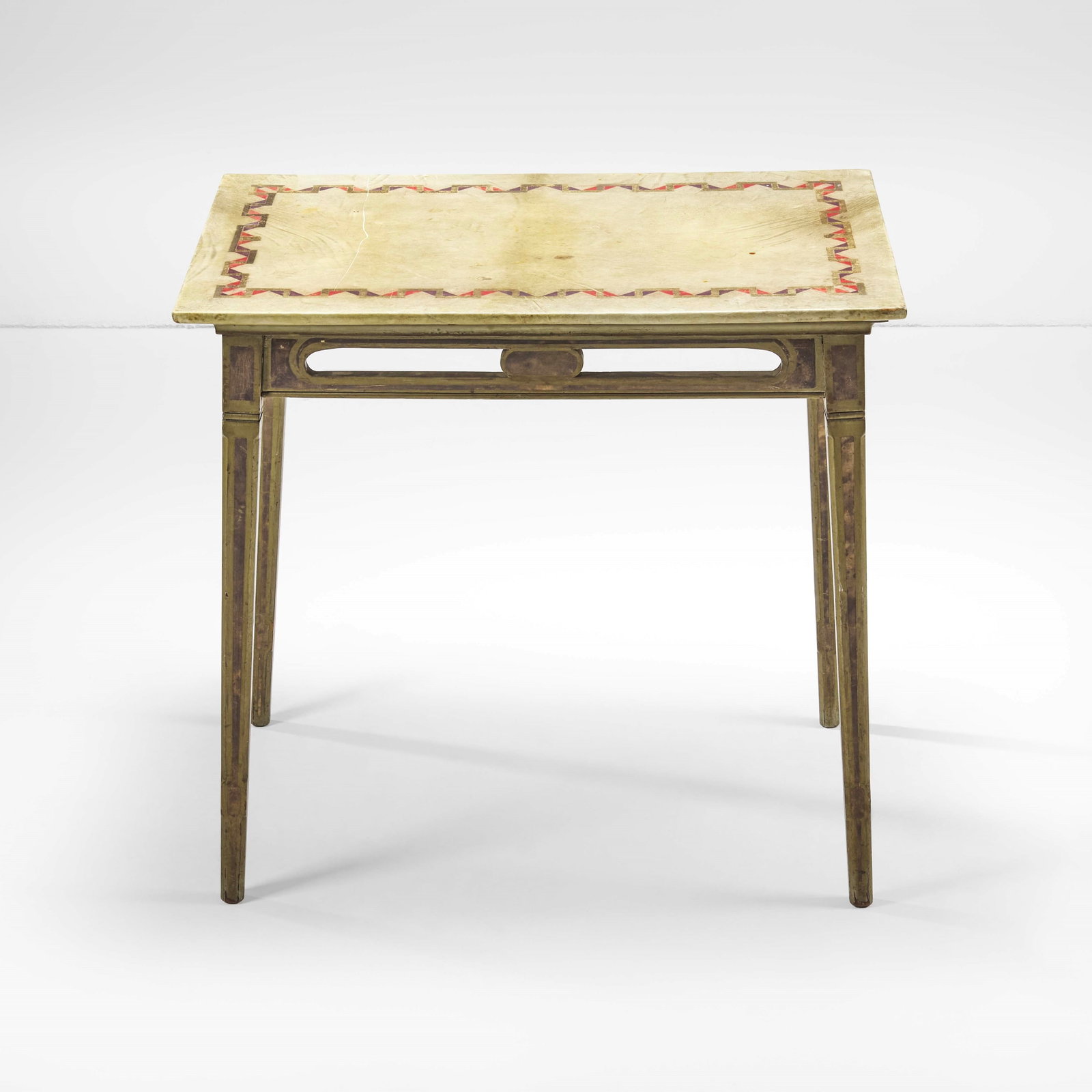 Ernesto Basile Table: Painted wooden structure. Wooden top covered in painted parchment. Italy, c. 1900. (similar model) E. Sessa, Mobili e Arredi di Ernesto Basile nella Produzione Ducrot, p. 108, Palermo, 1980 ( similar