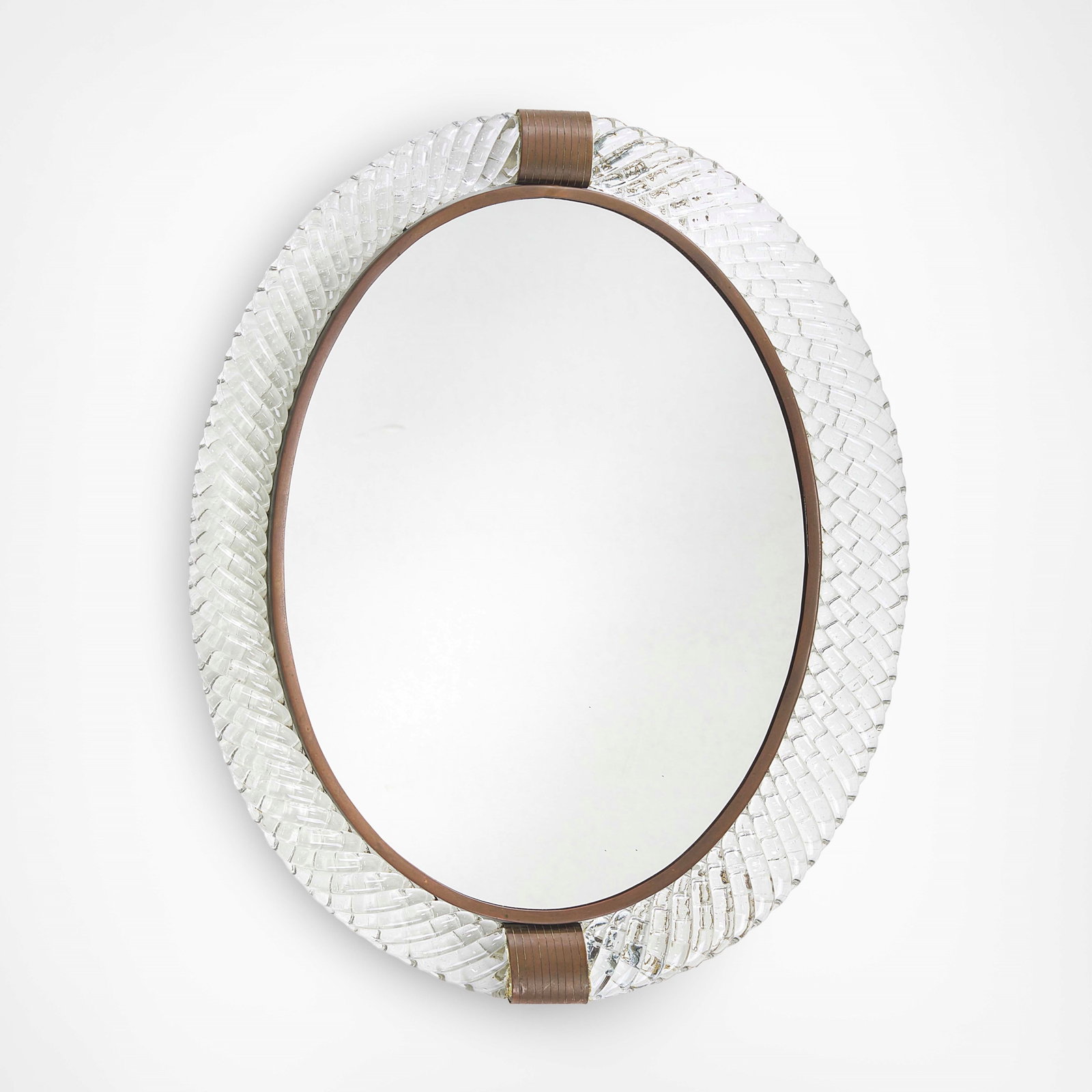 Venini Wall mirror: Murano Treccia glass frame and brass fitting. Venini, Italy, c. 1930. (similar model) Catalogo blu, scheda 42. . Measuers: W. 62 - D. 5 - H. 47 Cm