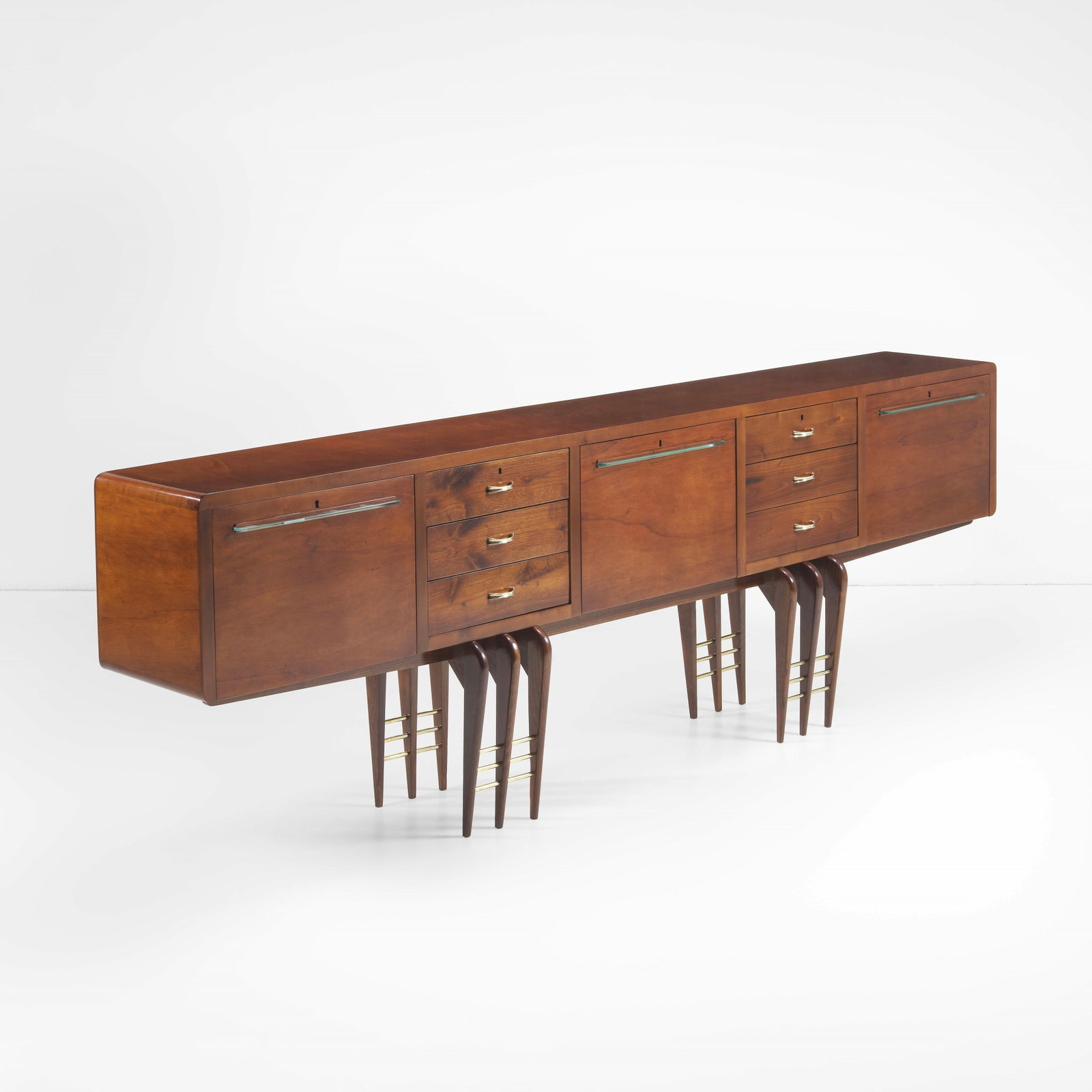 Pietro Lingeri , attribuito a Cabinet: Wooden structure, brass details, and molted glass. From a private house - Como. Italy, c. 1950. . Measuers: Cm 250X45X83