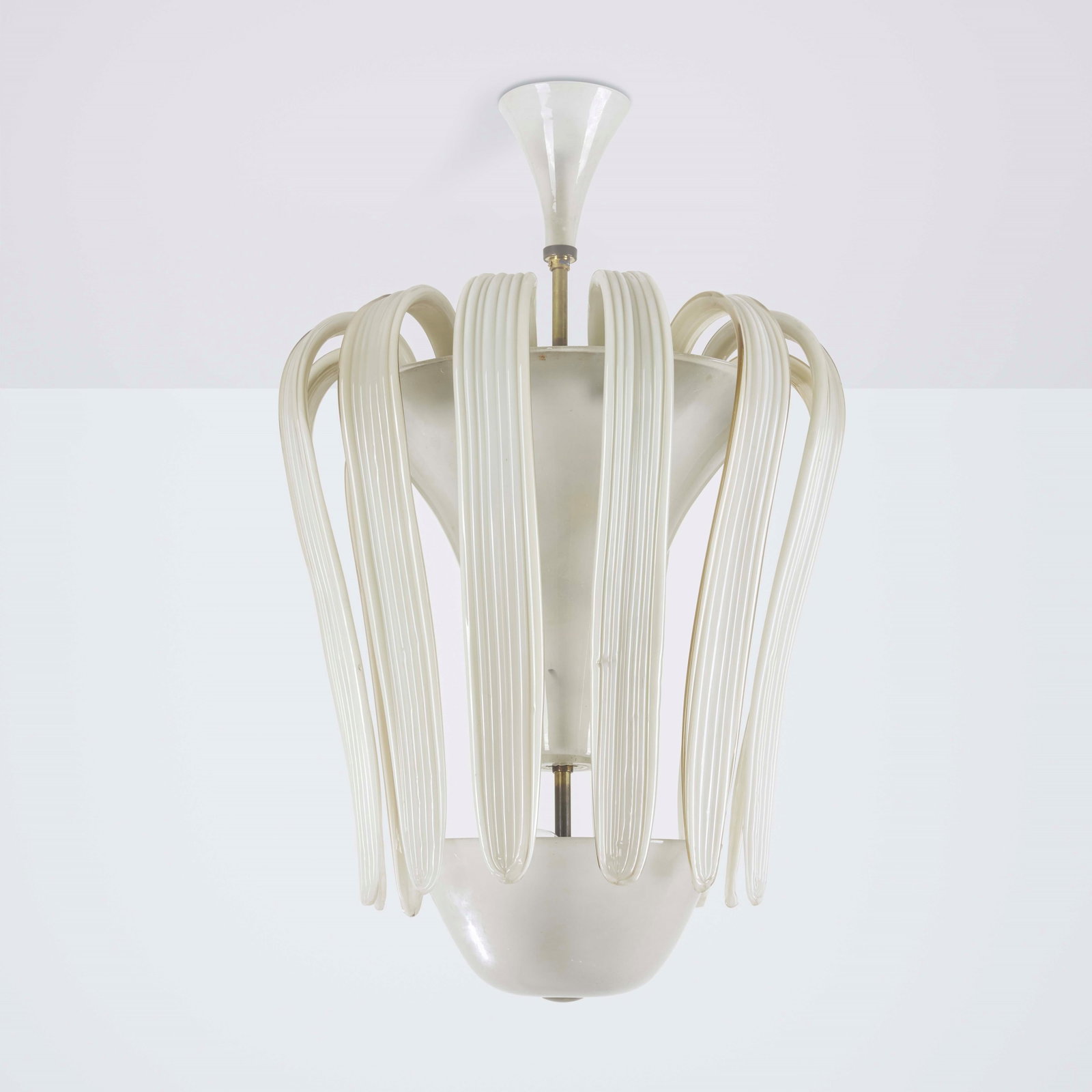 Tomaso Buzzi Pendant lamp, model 5204.: Brass and Murano frosted glass structure, Lattimo glass elements. Marked. Venini, Italy, c. 1930. (edited by) M. Barovier and C. Sonego, Venini Luce 1921-1985, p. 562, Skira, 2022. . Measuers: Cm