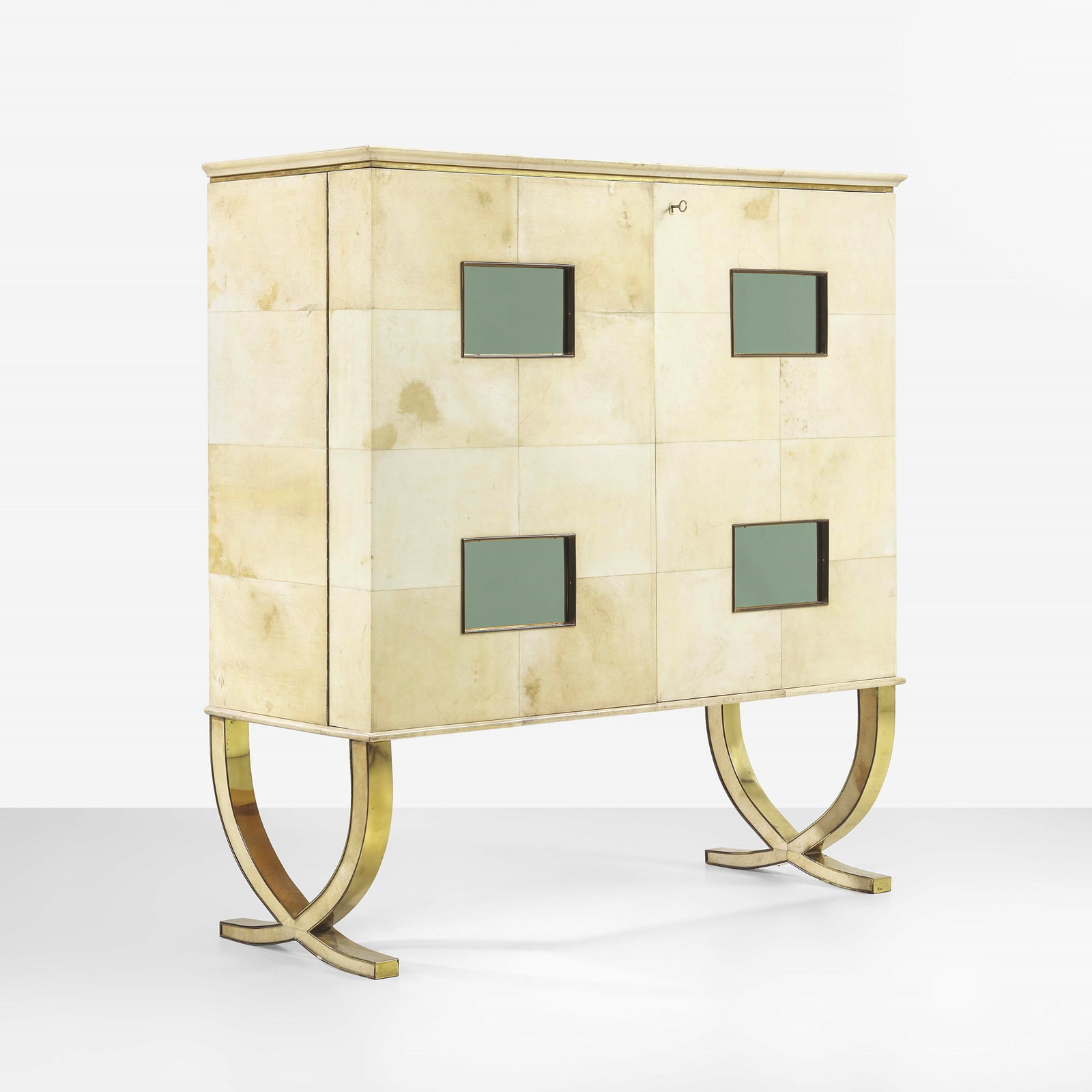 Paolo Buffa Bar: Wooden structure, parchment coverings, and mirrored glass inserts. Interior in wood and mirrored glass with a lighting system. Brass supports with parchment coverings. From a private collection -