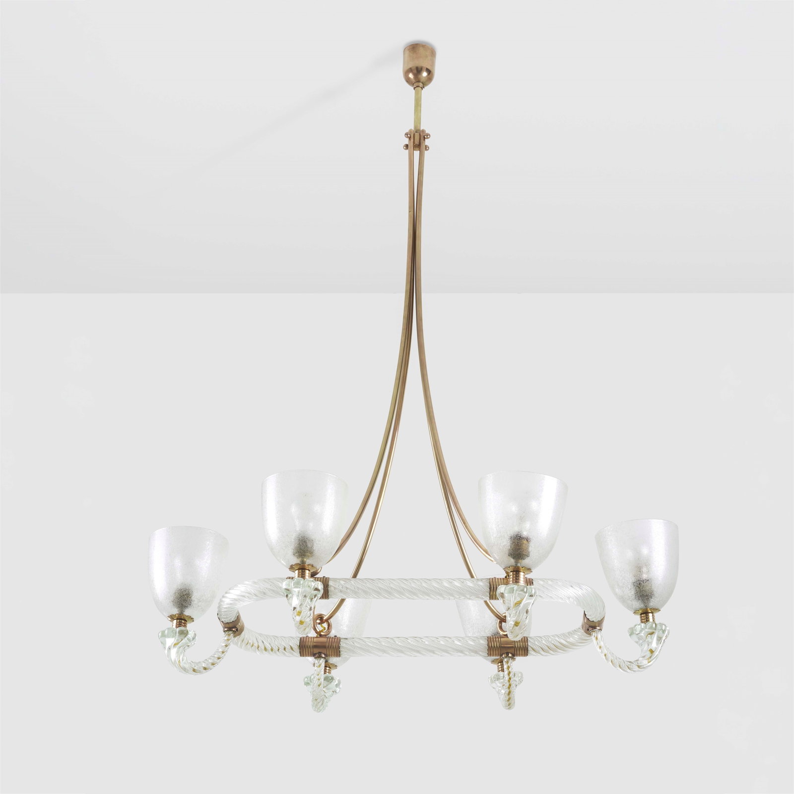 Flavio Poli Pendant lamp: Brass and Treccia Murano glass. Diffusers in etched Murano glass. Brass details. From a private collection - Rome. Seguso, Italy, c. 1930. . Measuers: cm 103X66X145