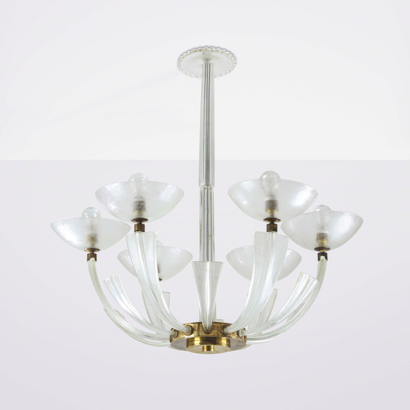 Flavio Poli Pendant lamp: Brass and etched Murano glass structure. Murano glass stem and Murano glass with gold leaf applications. Seguso, Italy, c. 1950. . Measuers: W. 100 - H. 92 cm